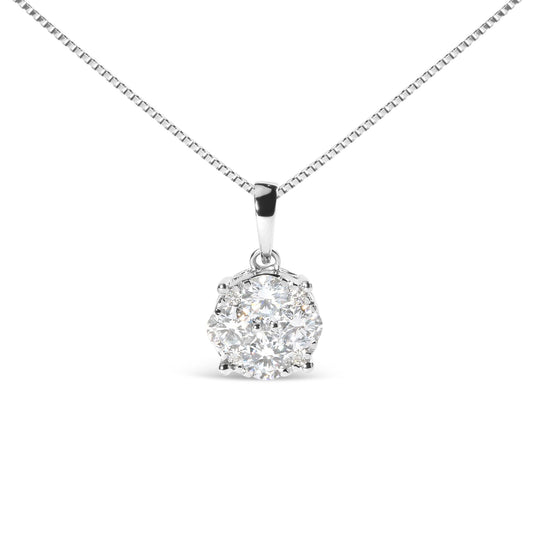 Front view of a white metal necklace with a pendant featuring a cluster of round white gemstones in prong settings.