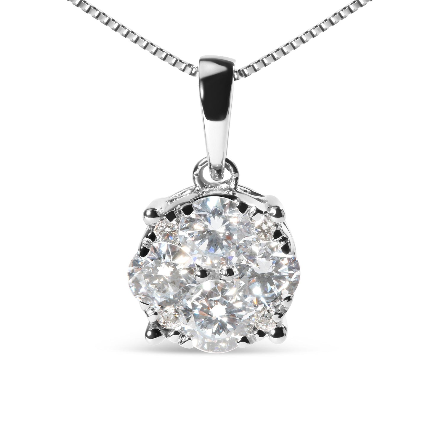 Front view of a white necklace pendant with multiple round white gemstones in prong settings, hanging from a box chain.