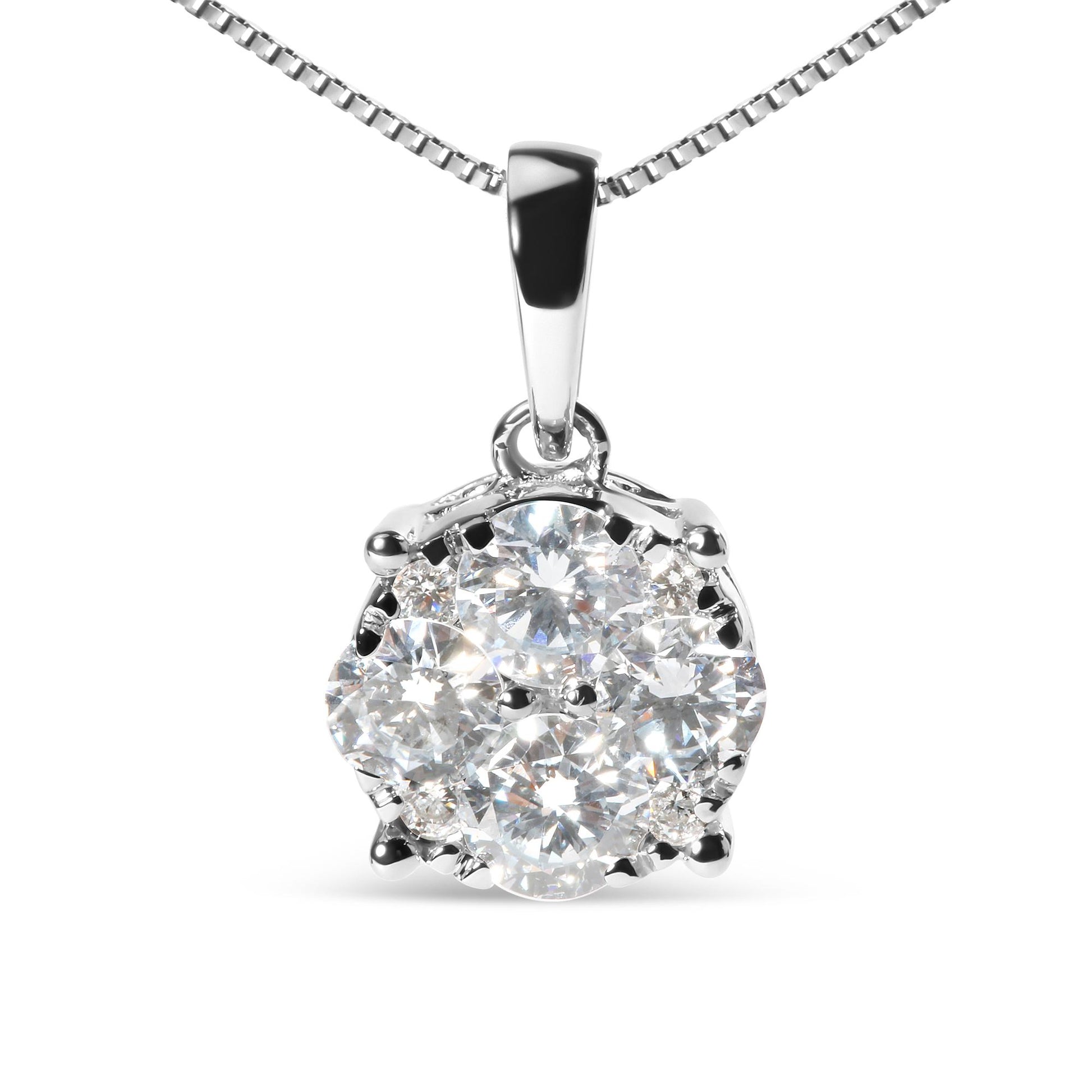 Front view of a white necklace pendant with multiple round white gemstones in prong settings, hanging from a box chain.