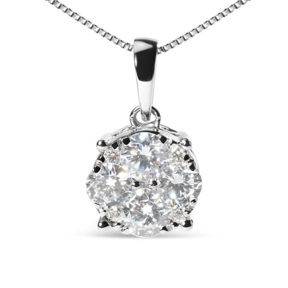 Front view of a white necklace pendant with multiple round white gemstones in prong settings, hanging from a box chain.
