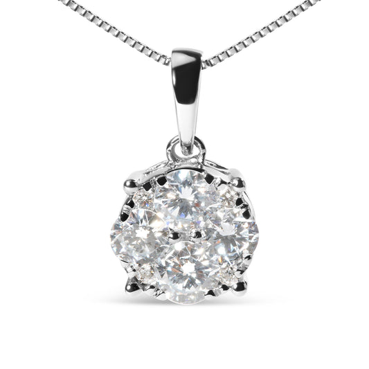 Front view of a white necklace pendant with multiple round white gemstones in prong settings, hanging from a box chain.