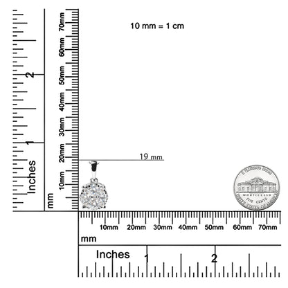 White metal necklace pendant with round prong-set white gemstones arranged in a cluster, shown on a ruler and scale for size reference, top-front angle.