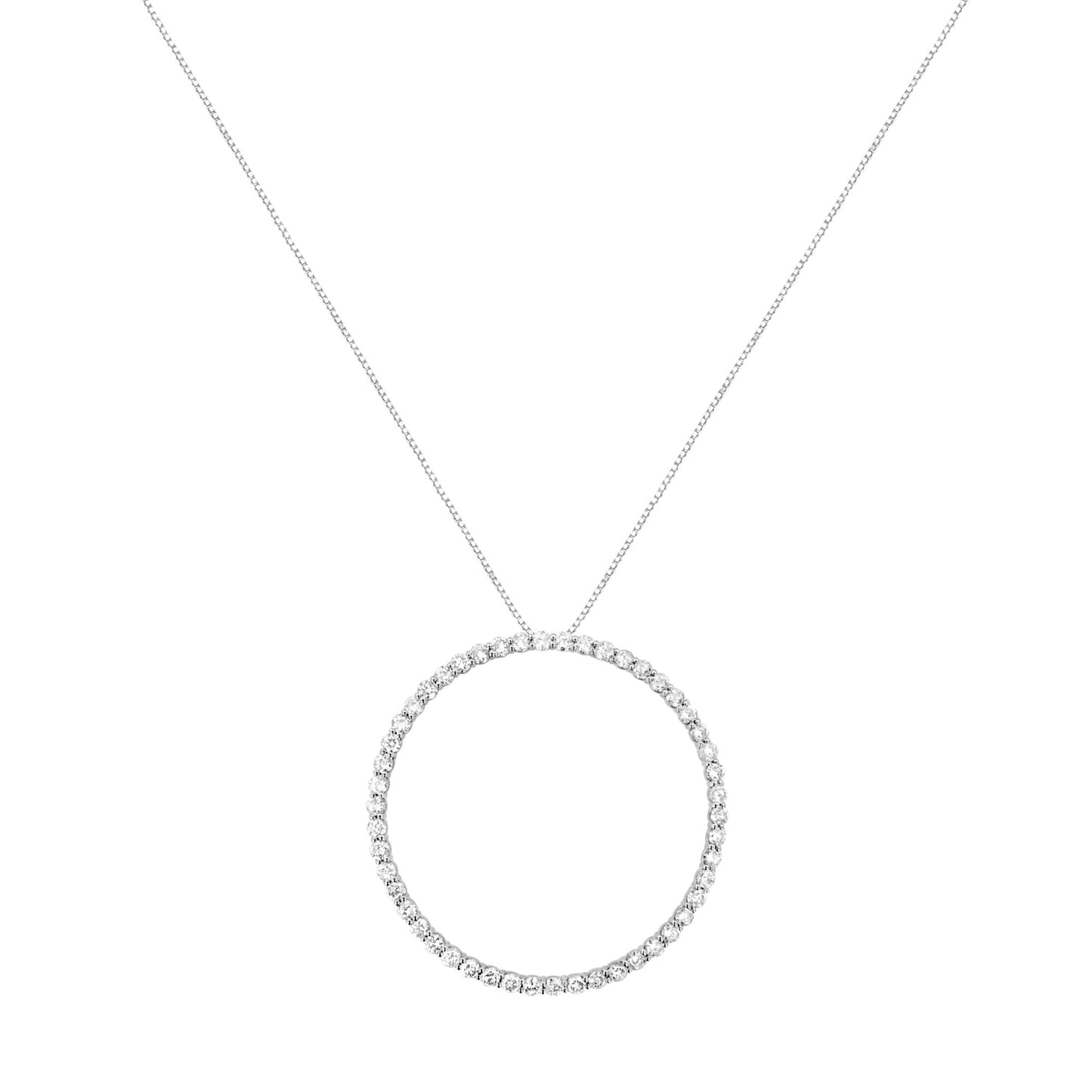 Front view of a white metal necklace with a circular pendant adorned with round white gemstones in prong settings.