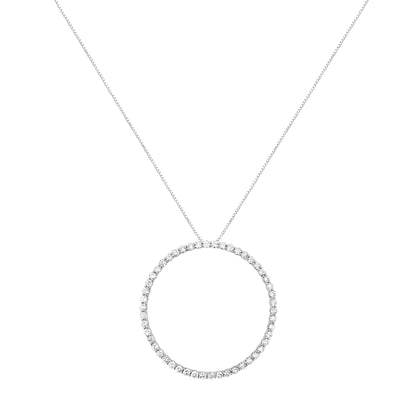 Front view of a white metal necklace with a circular pendant adorned with round white gemstones in prong settings.