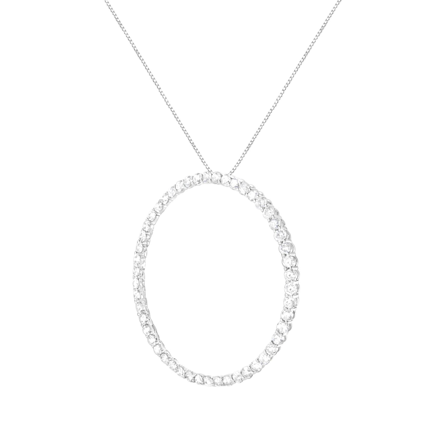 Front-facing shot of a white metal necklace with a round pendant featuring prong-set white round gemstones.