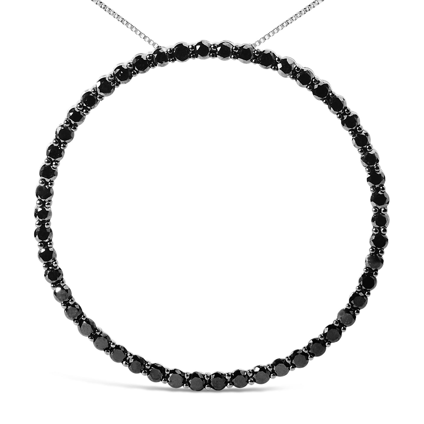 Front view of a white metal necklace with a circle pendant adorned with round black gemstones in a shared prong setting.