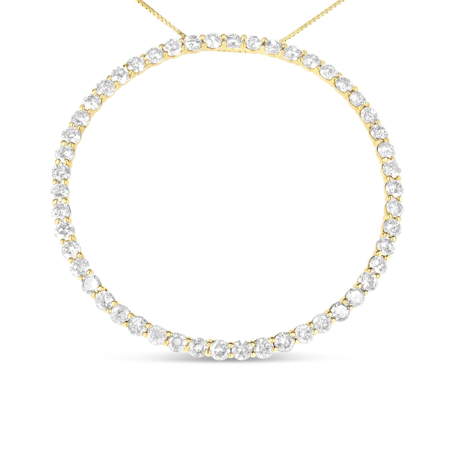 Front-facing close-up of a yellow metal necklace featuring a continuous line of round white gemstones in prong settings.