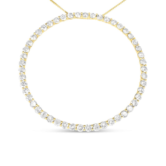 Front-facing close-up of a yellow metal necklace featuring a continuous line of round white gemstones in prong settings.