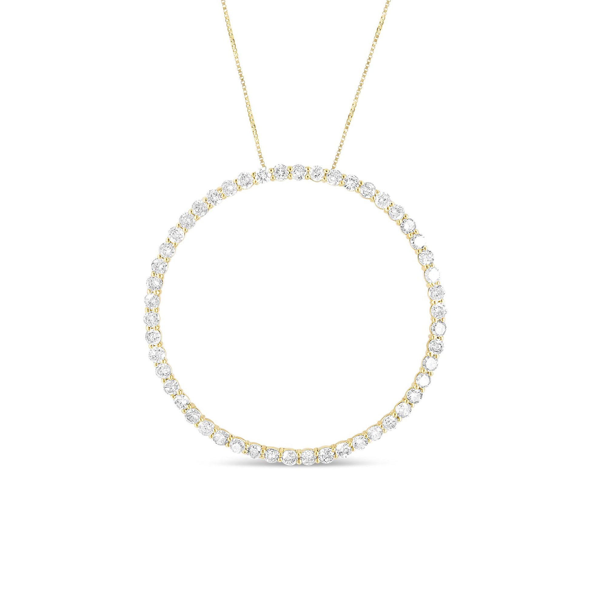 Front-facing shot of a yellow metal circular necklace adorned with round white gemstones in prong settings.