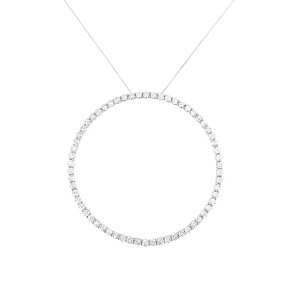 Front view of a white metal circular necklace with round white gemstones in prong settings.