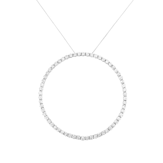 Front view of a white metal circular necklace with round white gemstones in prong settings.