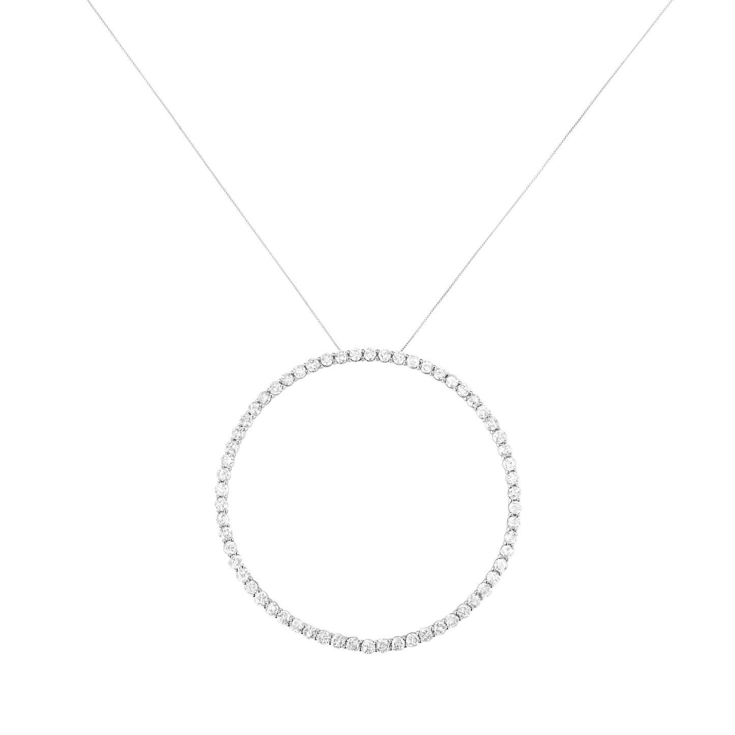 Front-facing shot of a white metal necklace featuring a circular pendant adorned with round white gemstones in prong settings.