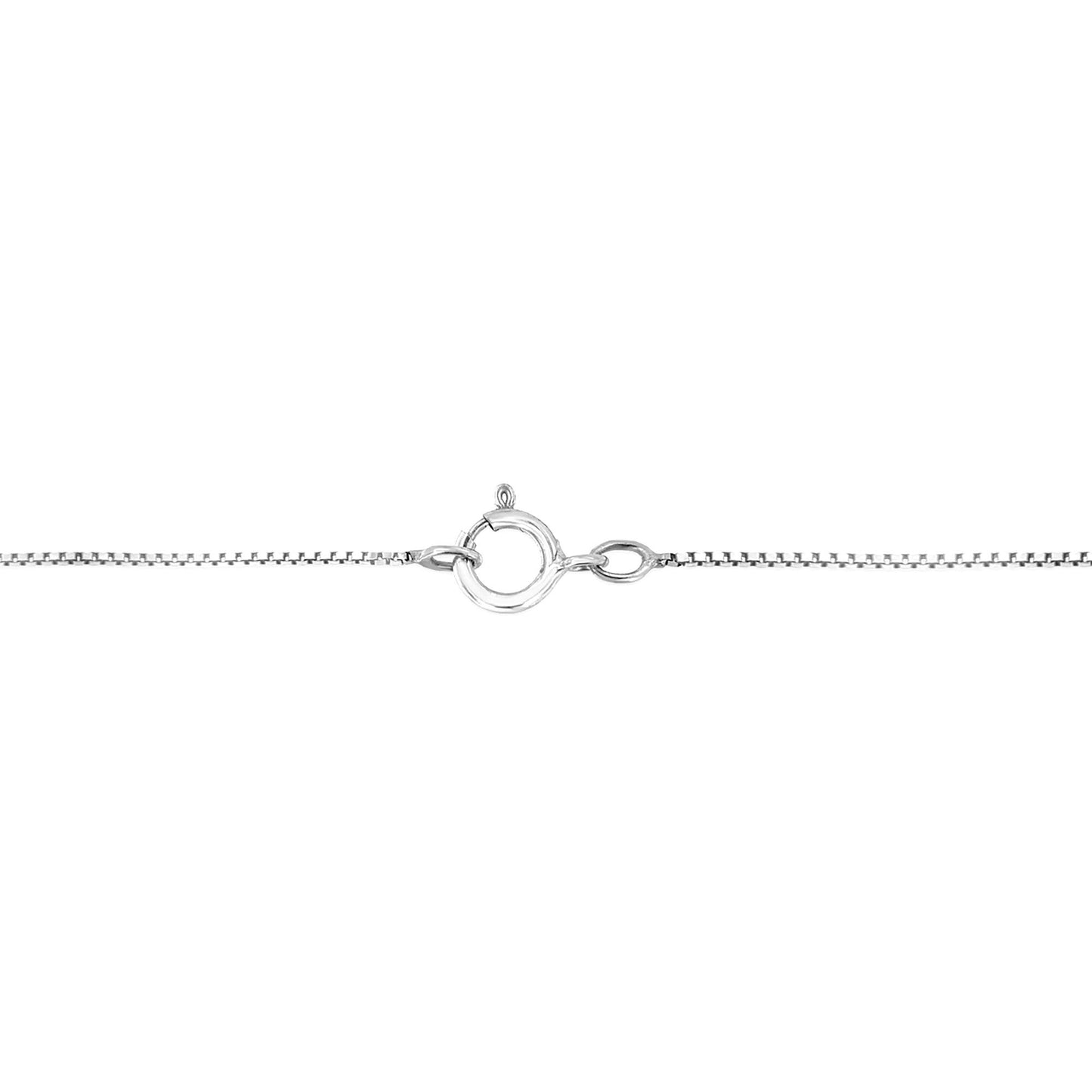 Close-up front view of white metal chain necklace clasp with round prong-set white gemstones along the chain.