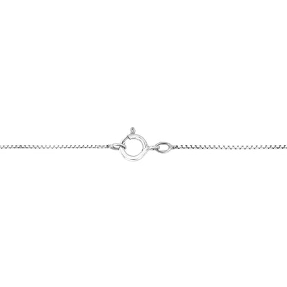 Close-up front view of white metal chain necklace clasp with round prong-set white gemstones along the chain.