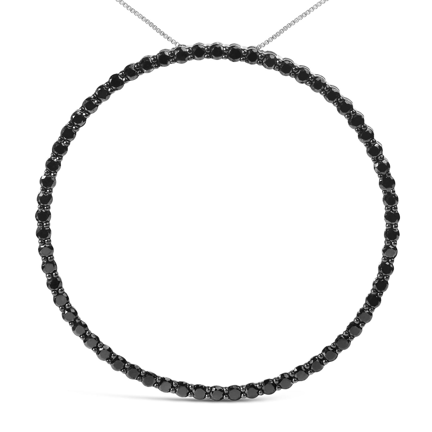 Front-facing view of a white metal necklace featuring round black gemstones in a shared prong setting.