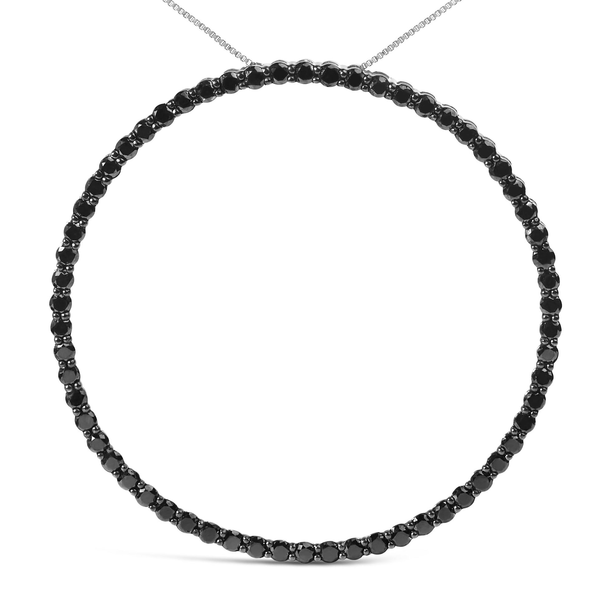 Front-facing view of a white metal necklace featuring round black gemstones in a shared prong setting.