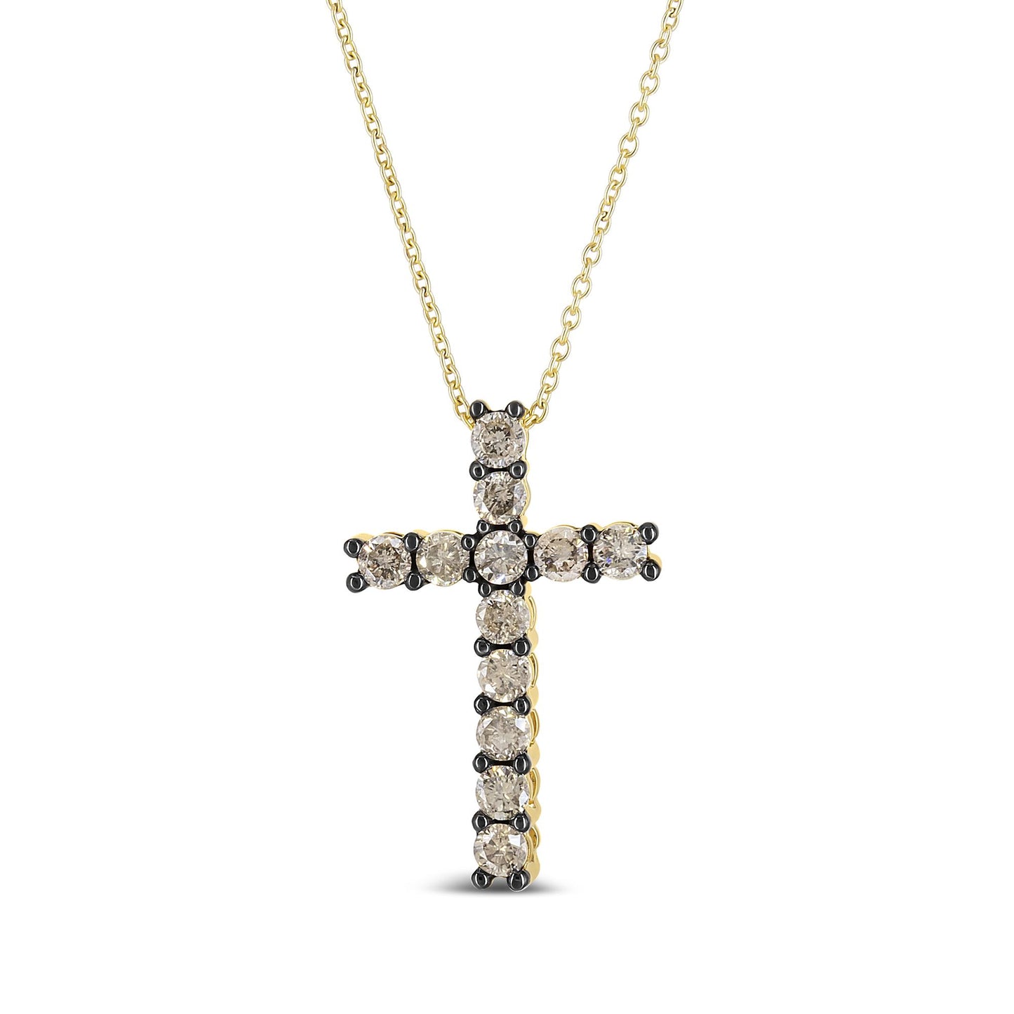 Front-facing close-up of a yellow metal cross necklace with round champagne-colored gemstones in prong settings.