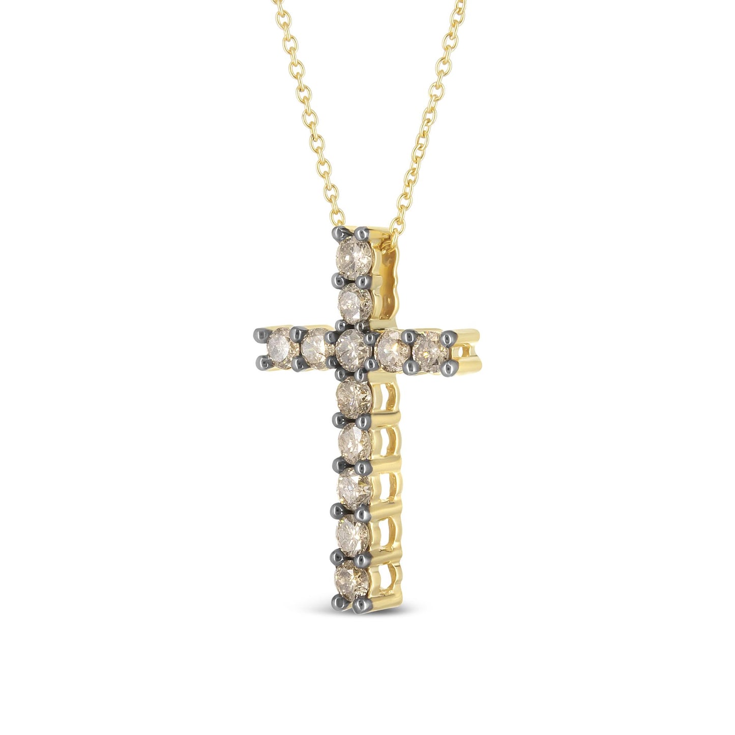Front angled view of a yellow metal cross necklace pendant adorned with round prong-set champagne-colored gemstones.