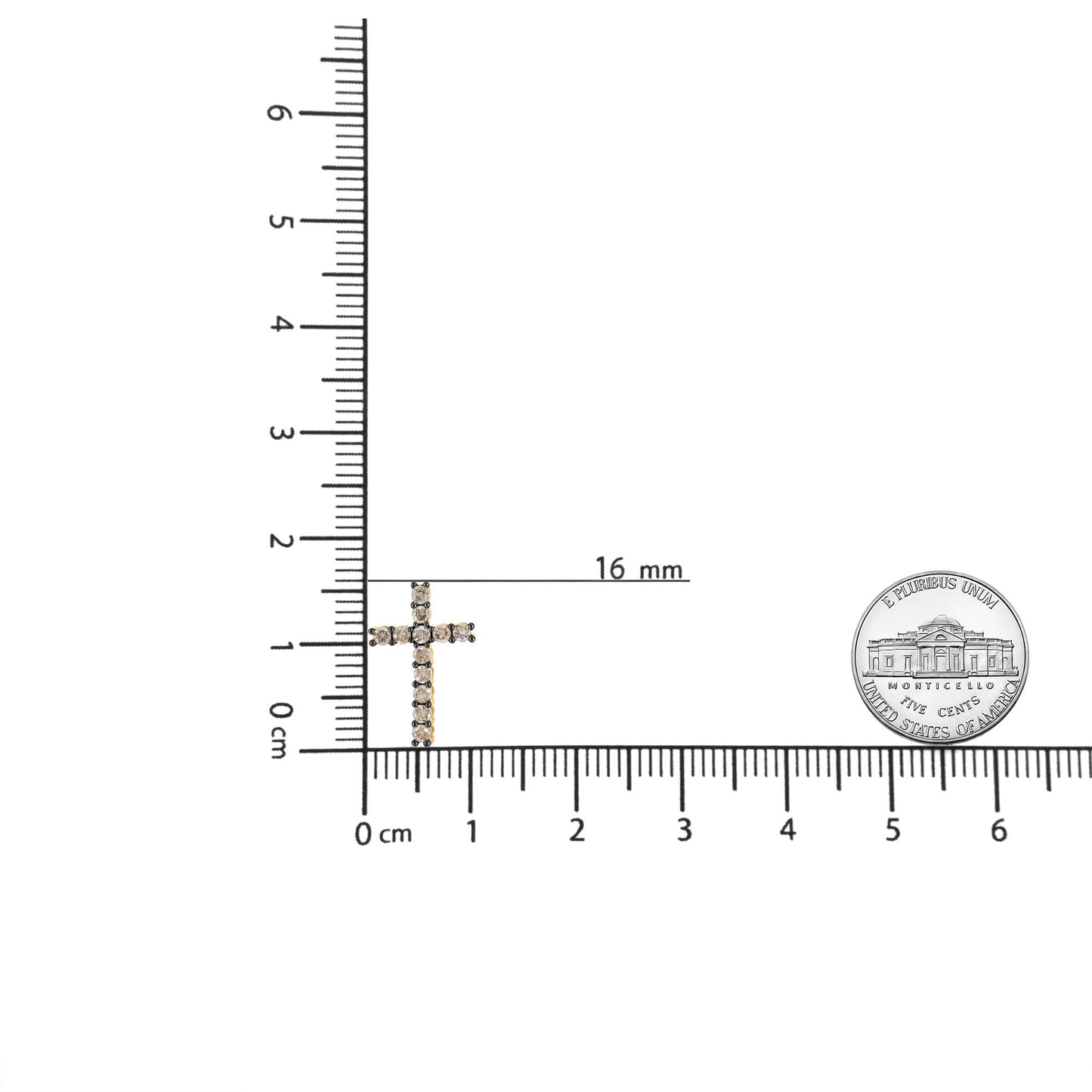 Top-down view of a yellow metal cross-shaped necklace pendant with round champagne-colored gemstones in prong settings, displayed on rulers and next to a coin for size reference.