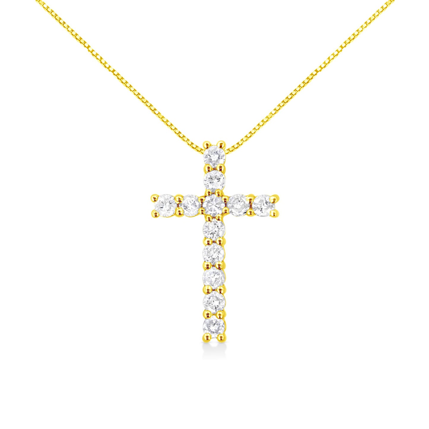 Front view of a yellow metal necklace with a cross pendant featuring round white gemstones in prong settings.