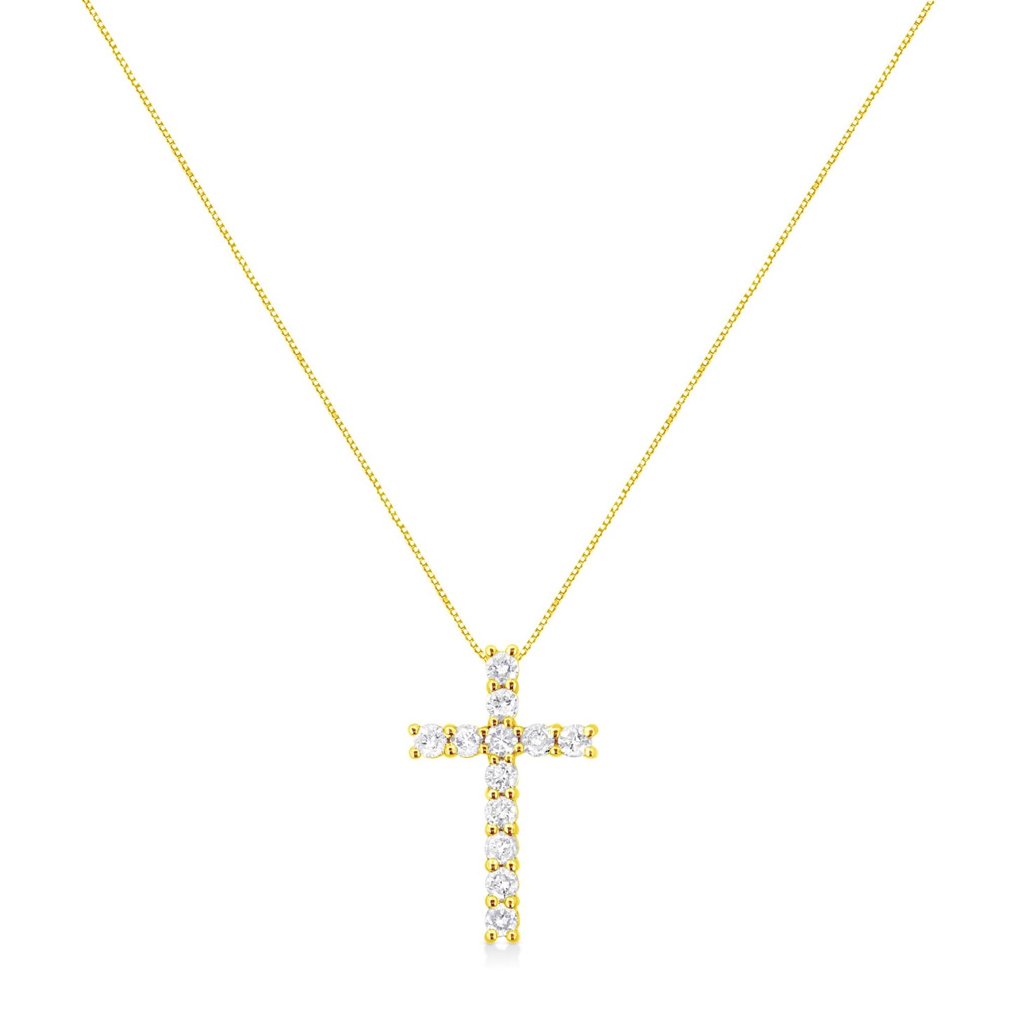 Front-facing view of a yellow metal cross-shaped necklace pendant with round prong-set white gemstones on a thin chain.