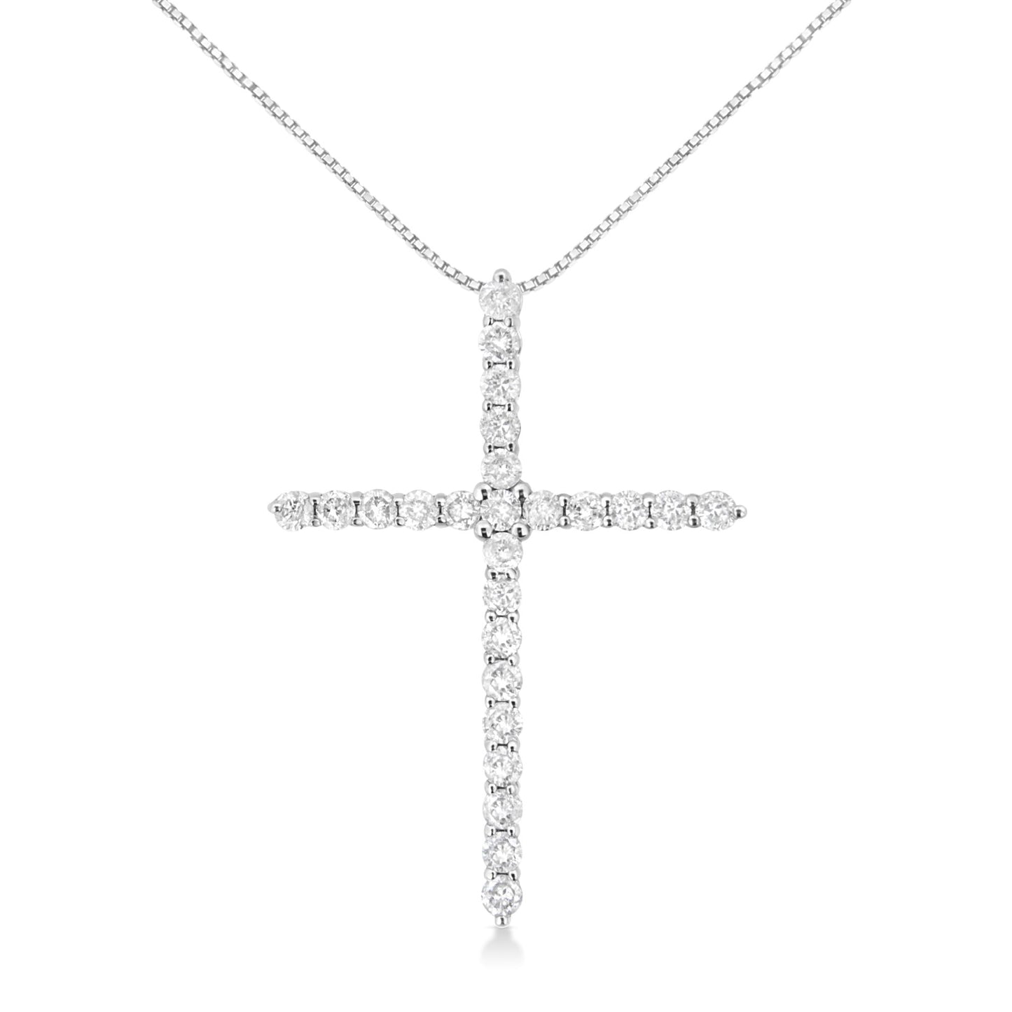 Front-facing close-up of a white metal necklace with a cross pendant adorned with round white gemstones in prong settings.