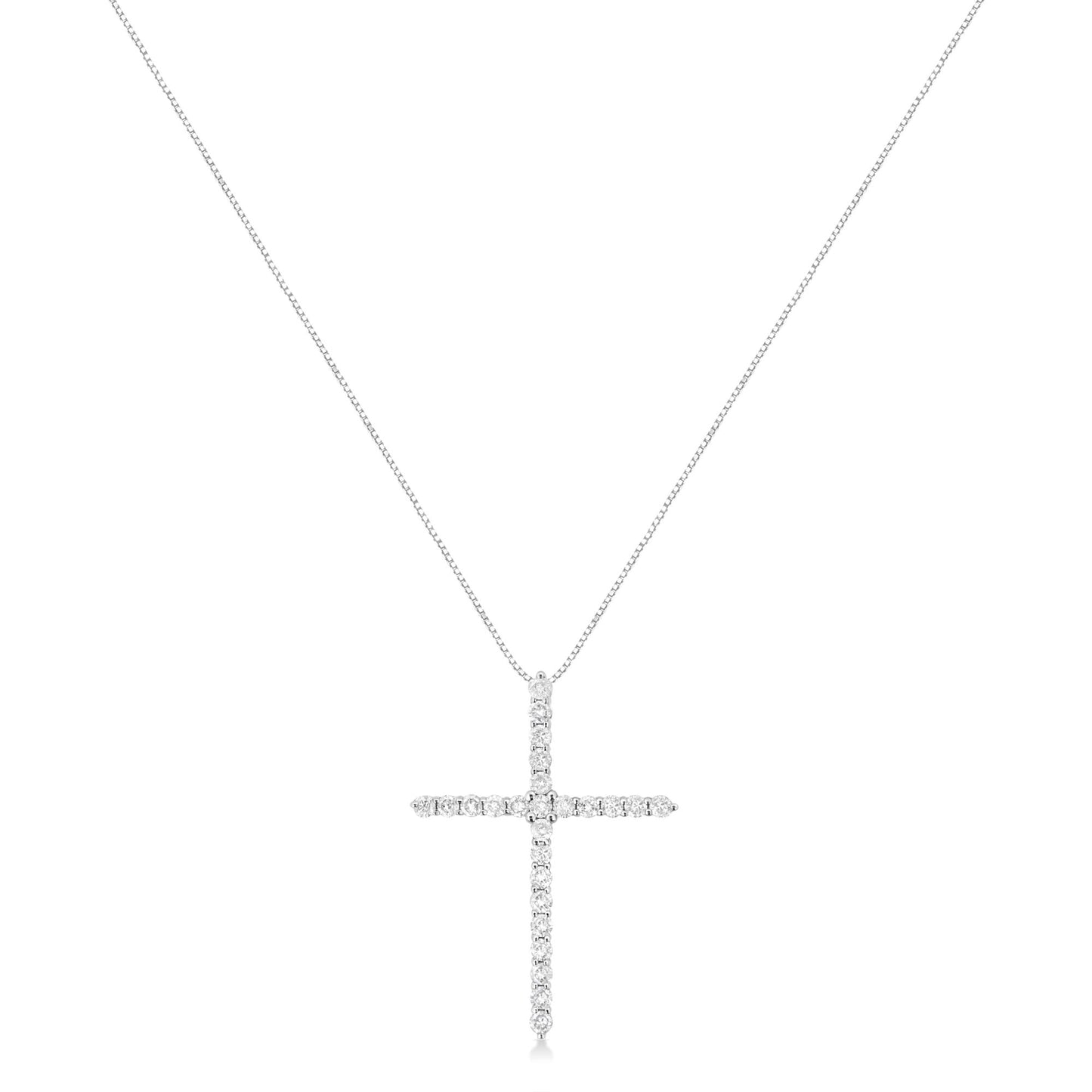 Front view of a white necklace with a cross-shaped pendant featuring round white gemstones in prong settings.