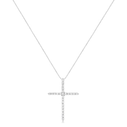 Front view of a white necklace with a cross-shaped pendant featuring round white gemstones in prong settings.