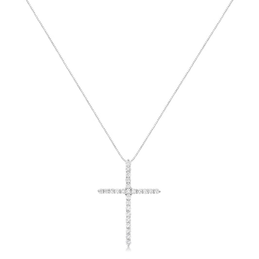 Front view of a white necklace with a cross-shaped pendant featuring round white gemstones in prong settings.
