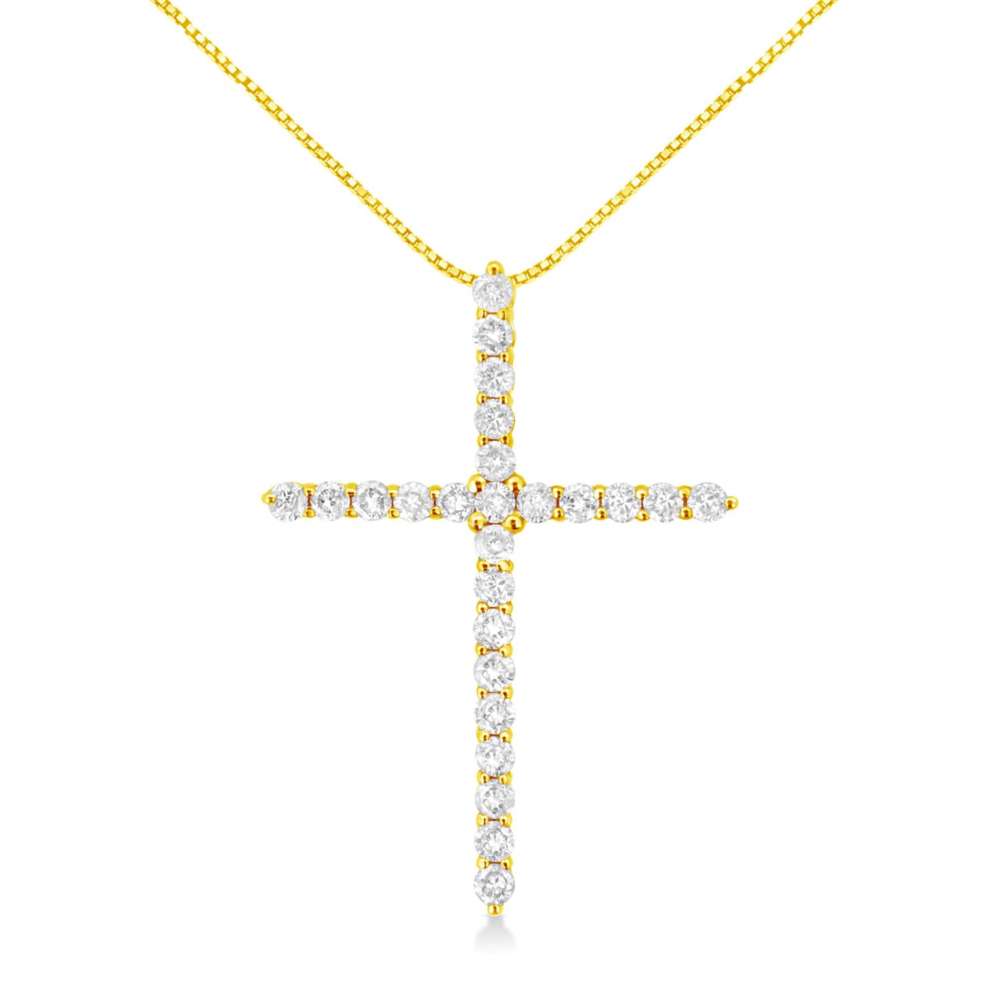 Front view of a yellow metal cross necklace pendant with round white gemstones in prong settings.