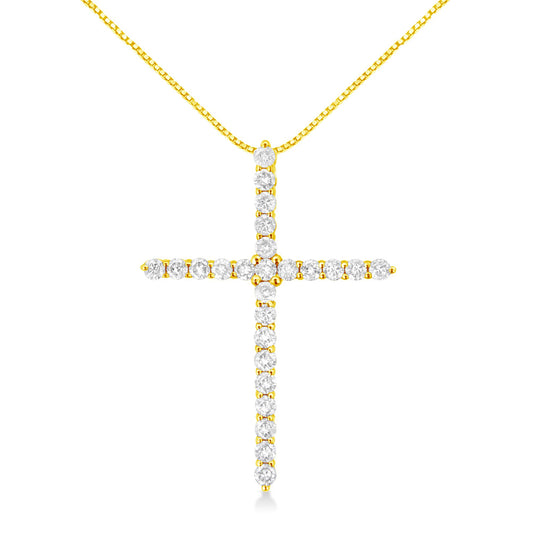 Front view of a yellow metal cross necklace pendant with round white gemstones in prong settings.