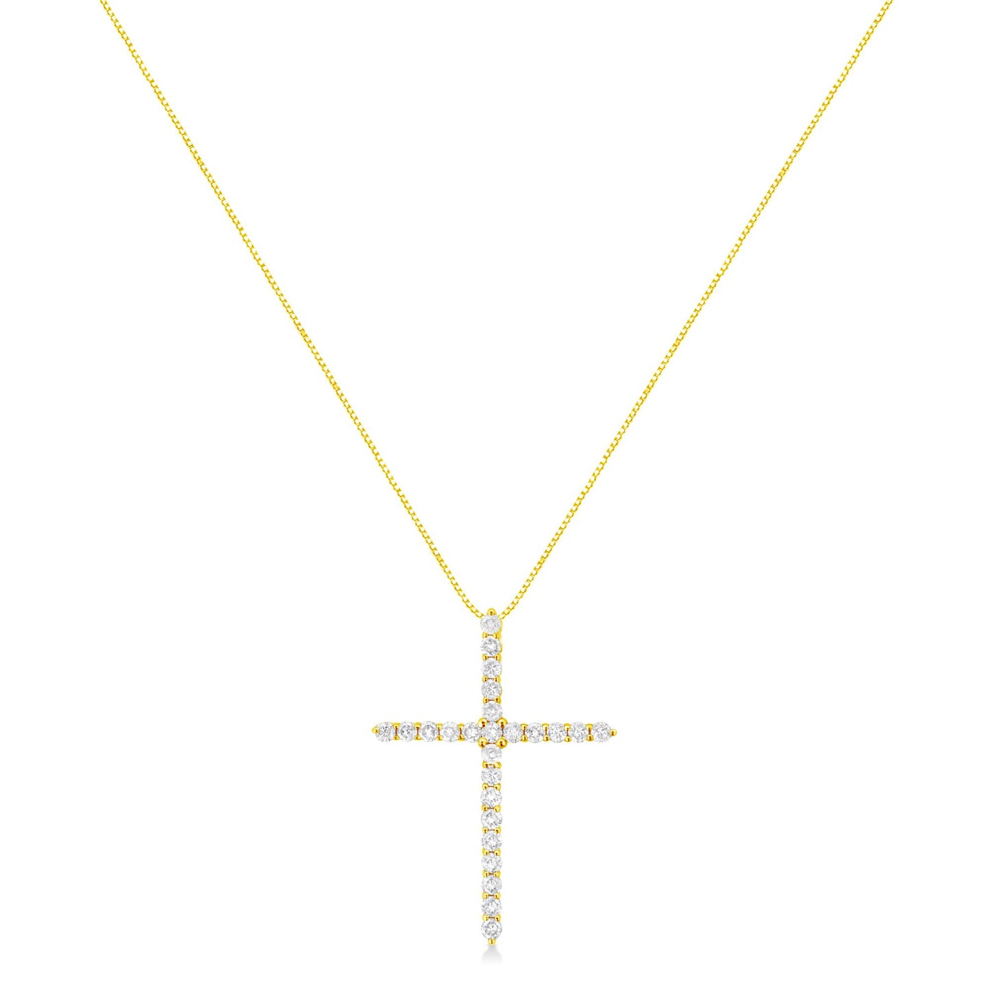 Front-facing view of a yellow metal necklace with a cross-shaped pendant adorned with round white gemstones in prong settings.