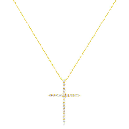 Front-facing view of a yellow metal necklace with a cross-shaped pendant adorned with round white gemstones in prong settings.
