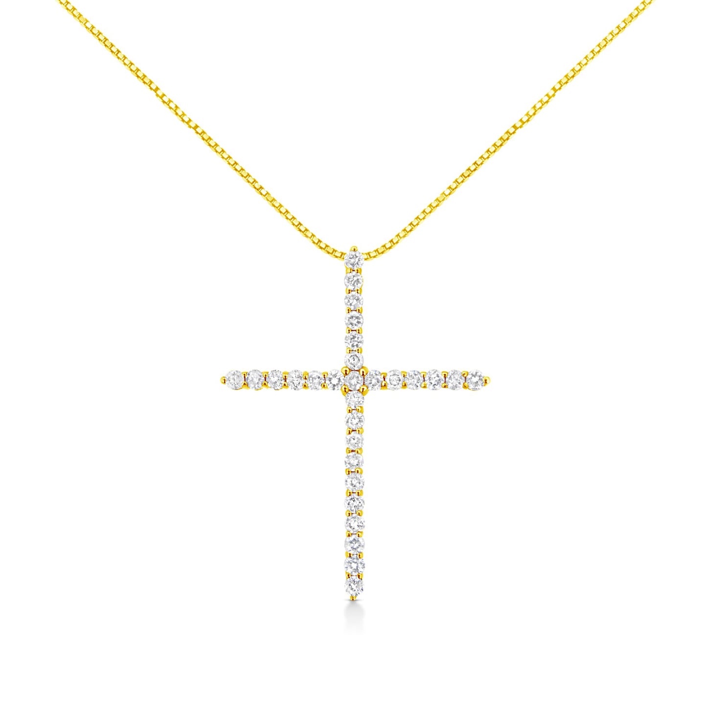 Front view of a yellow necklace featuring a cross pendant set with round white gemstones in prong settings.