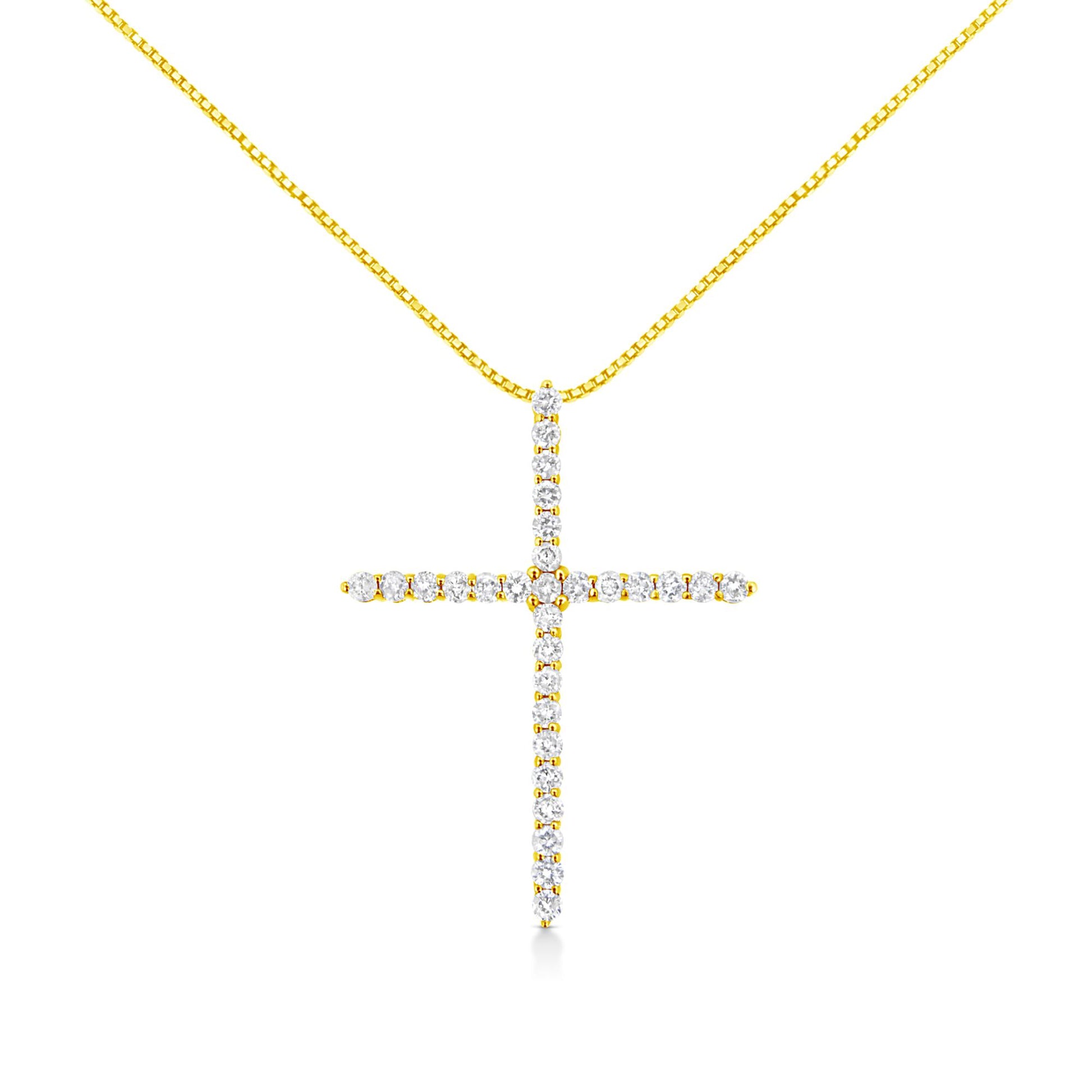 Front view of a yellow necklace featuring a cross pendant set with round white gemstones in prong settings.