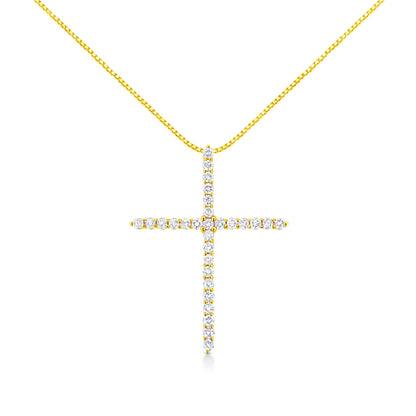 Front view of a yellow necklace featuring a cross pendant set with round white gemstones in prong settings.