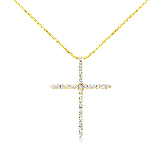 Front view of a yellow necklace featuring a cross pendant set with round white gemstones in prong settings.