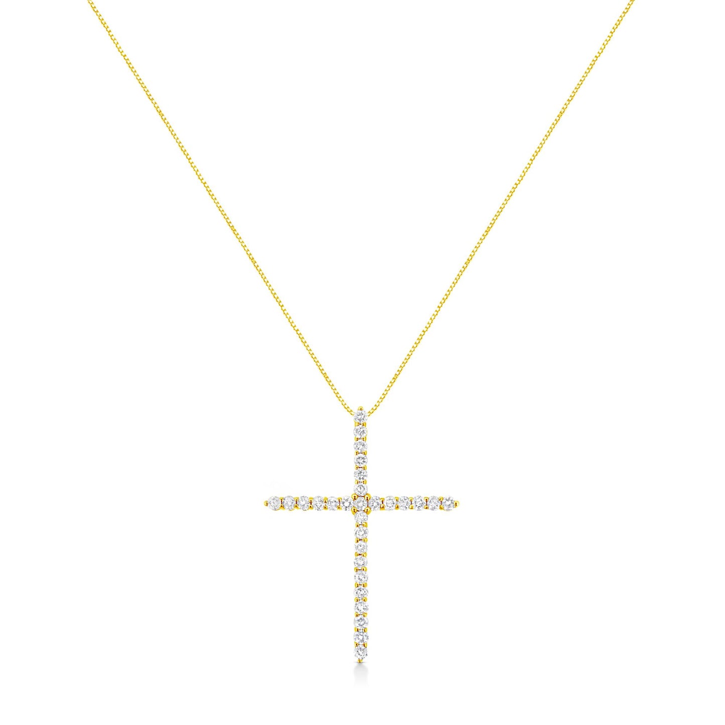 Front view of a yellow metal necklace with a cross-shaped pendant adorned with round white gemstones in prong settings.