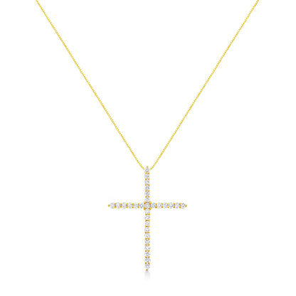 Front view of a yellow metal necklace with a cross-shaped pendant adorned with round white gemstones in prong settings.