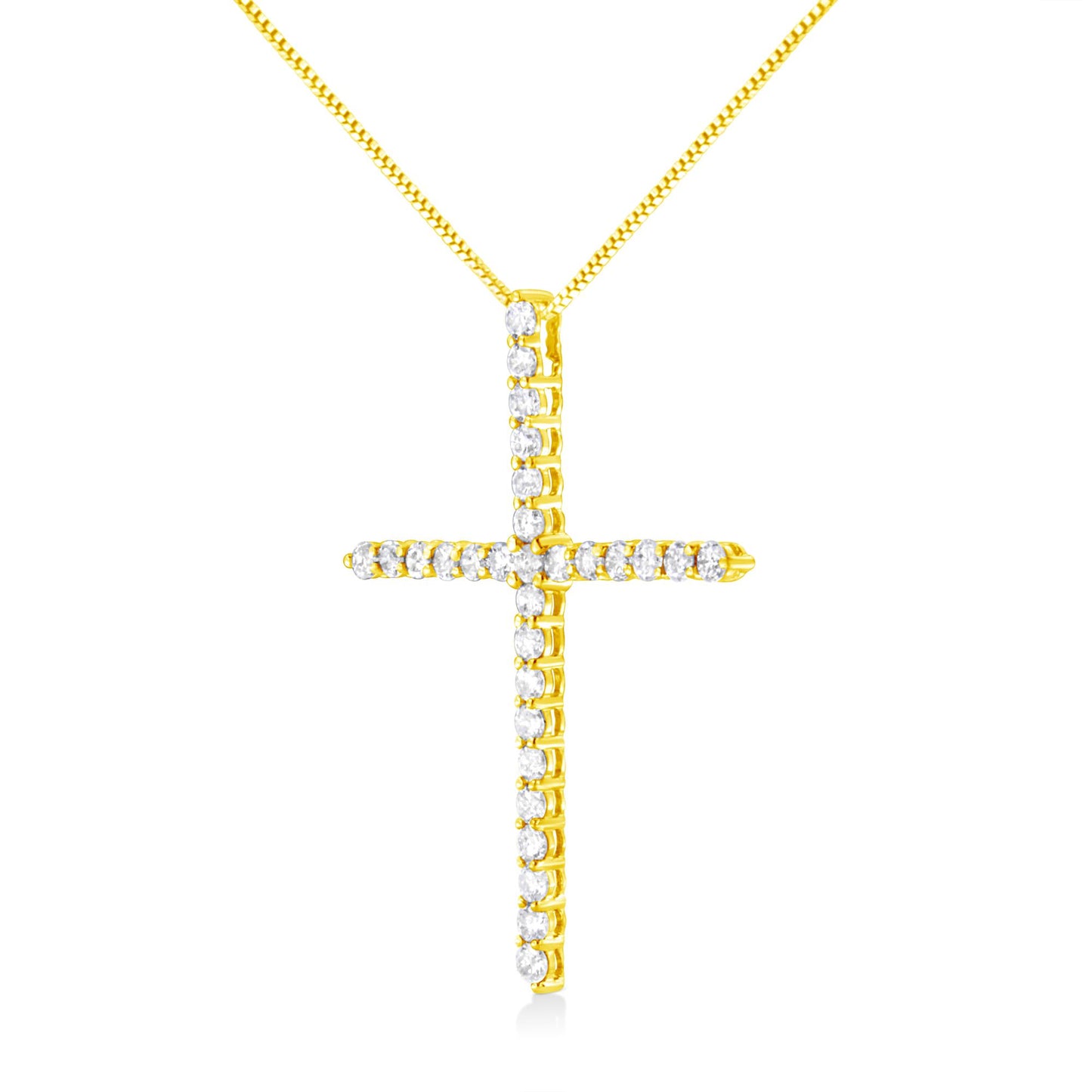 Front view of a yellow metal cross-shaped necklace pendant with white round gemstones in prong settings along the pendant, suspended from a matching yellow chain.