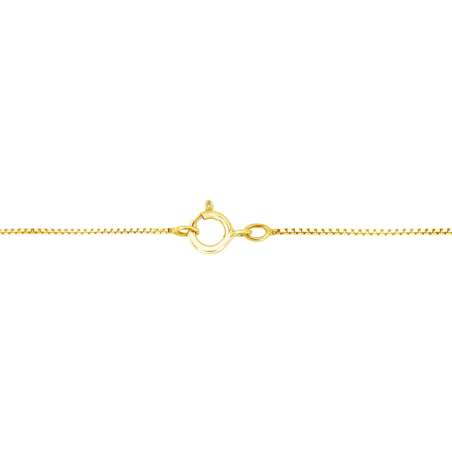 Close-up top view of a yellow metal necklace chain clasp against a white background.