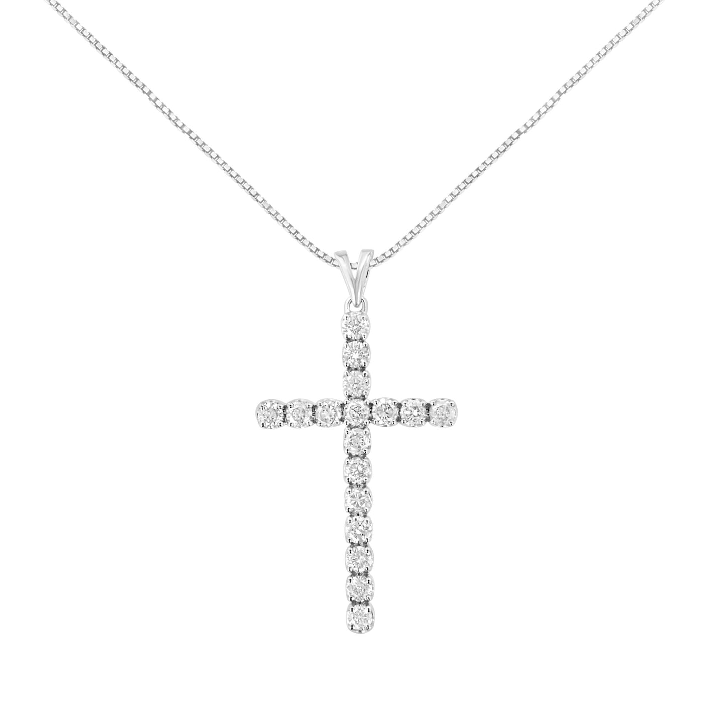 Front view of a white necklace with a cross pendant made of round white gemstones in prong settings.