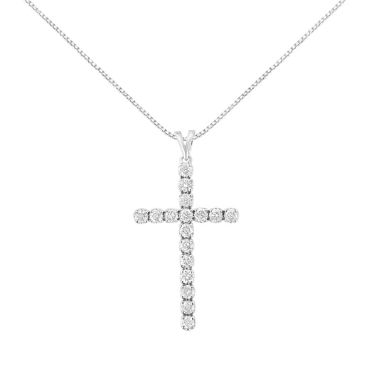 Front view of a white necklace with a cross pendant made of round white gemstones in prong settings.
