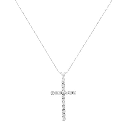 White metal necklace with cross-shaped pendant set with round white gemstones in prong settings, front view.