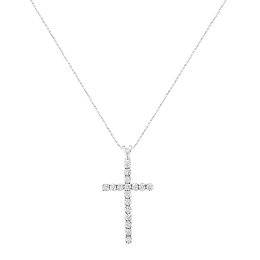 White metal necklace with cross-shaped pendant set with round white gemstones in prong settings, front view.