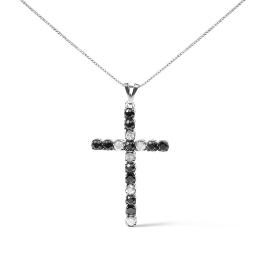 Front view of white metal necklace with cross pendant featuring round prong-set black and white gemstones.