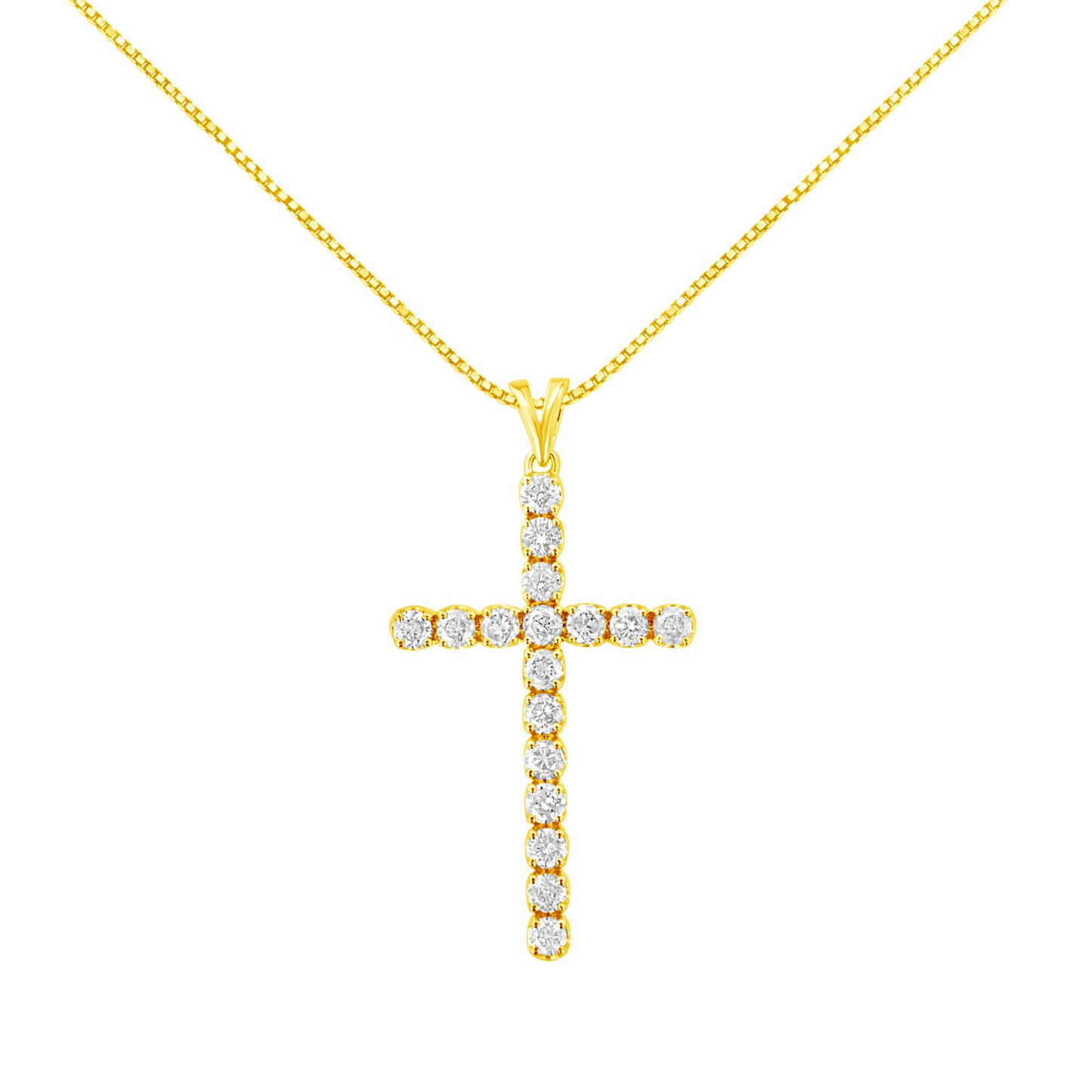 Front-facing shot of a yellow metal cross necklace pendant set with round white gemstones in prong settings on a yellow chain.