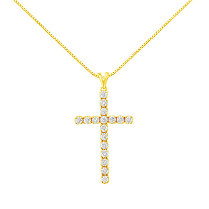 Front-facing shot of a yellow metal cross necklace pendant set with round white gemstones in prong settings on a yellow chain.