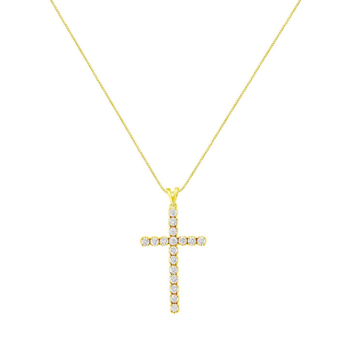 Front view of a yellow metal necklace with a cross-shaped pendant featuring round white gemstones in prong settings.