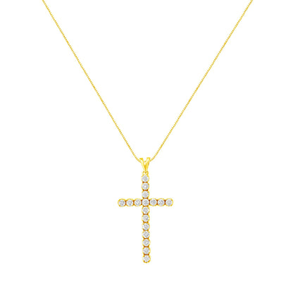 Front view of a yellow metal necklace with a cross-shaped pendant featuring round white gemstones in prong settings.